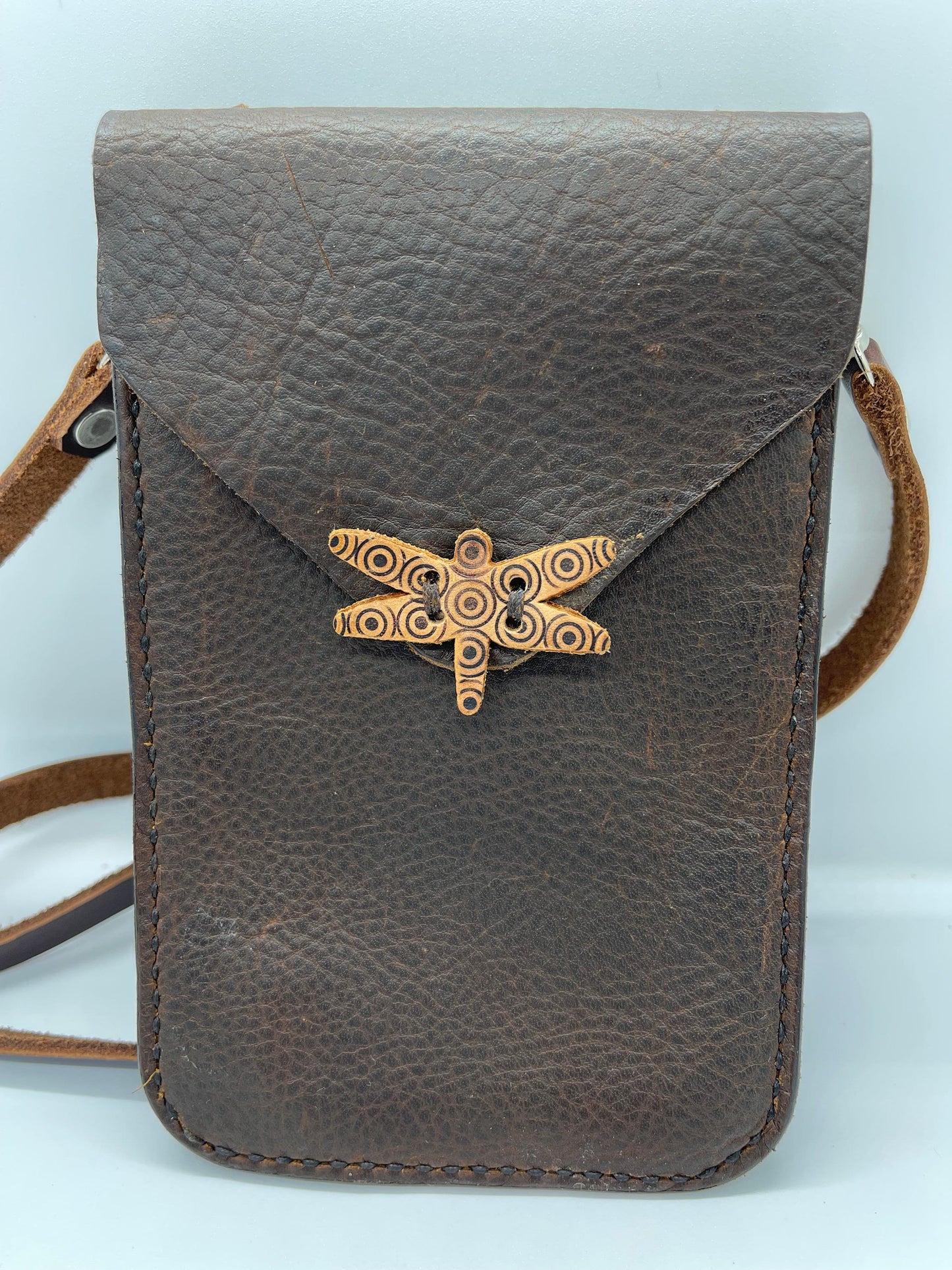 Boho Chic: Small Leather Cross-Body Bag - Handcrafted with Dragonfly