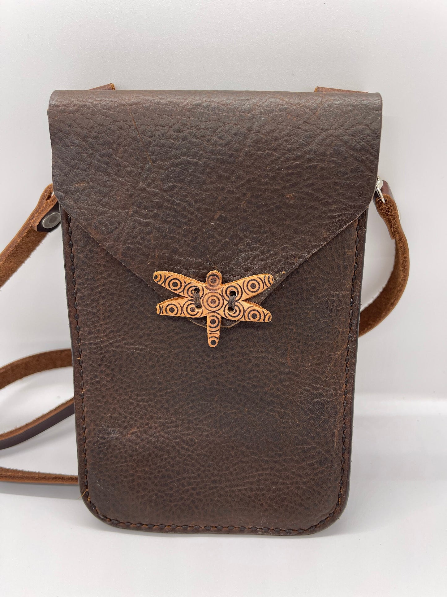 Boho Chic: Small Leather Cross-Body Bag - Handcrafted with Dragonfly